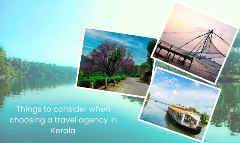 A serene lake surrounded by lush greenery, a blooming tree by the road, a traditional fishing net at sunset, and a houseboat. Text overlay advises on choosing a travel agency in Kerala